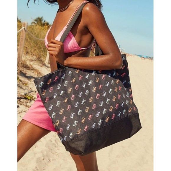 PINK VS XL Weekender Black & Rainbow Logo Canvas Tote Bag Victoria Secret - Picture 1 of 6